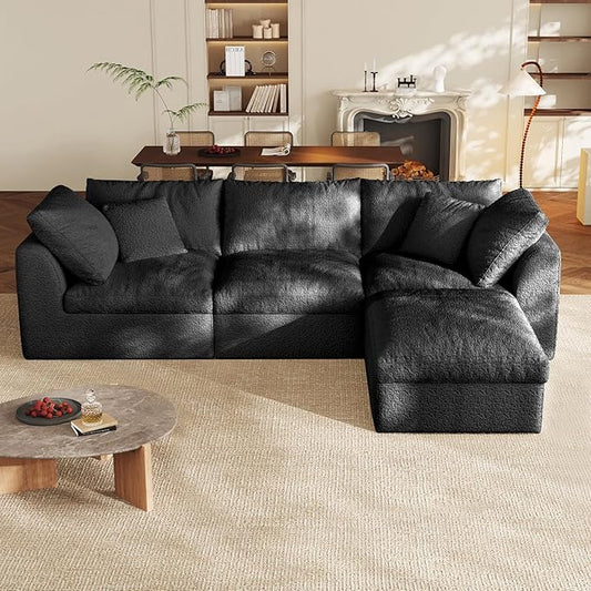 Cloud Sectional Couches108 L-Shape Sofa Modular Sectional Sofa for Living Room Freely Configurable Deep Seating Non-Slip Bottom No Assembly Required(Black 3 Seater+1 Ottoman)