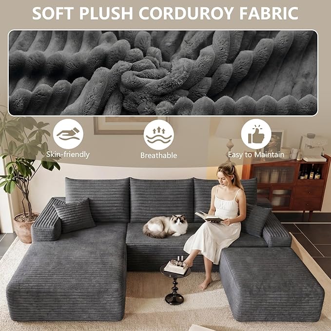 95 Modular Sectional Sofa Cloud Sectional Couch with Deep Seat Corduroy Boneless Couch with U Shaped Couch for Living Room No Assembly Required(Dark Gray Left Facing Chaise)
