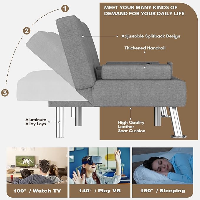 Homall Futon Sofa Bed Futon Couch with Removable Armrests Adjustable Recliner Sleeper Sofa Bed with Dual Cup Holders for Living Room Apartment Office (Fabric Light Grey)
