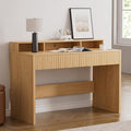 47 Fluted Office Desk with Storage Shelf Modern Wood Executive Desk with Long Monitor Stand &amp 2 Drawers Home Writing Study Computer Table Vanity Desk Natural Oak