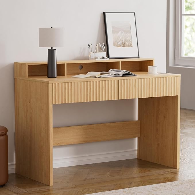 47 Fluted Office Desk with Storage Shelf Modern Wood Executive Desk with Long Monitor Stand &amp 2 Drawers Home Writing Study Computer Table Vanity Desk Natural Oak