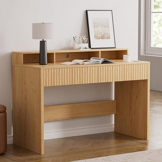 47 Fluted Office Desk with Storage Shelf Modern Wood Executive Desk with Long Monitor Stand &amp 2 Drawers Home Writing Study Computer Table Vanity Desk Natural Oak