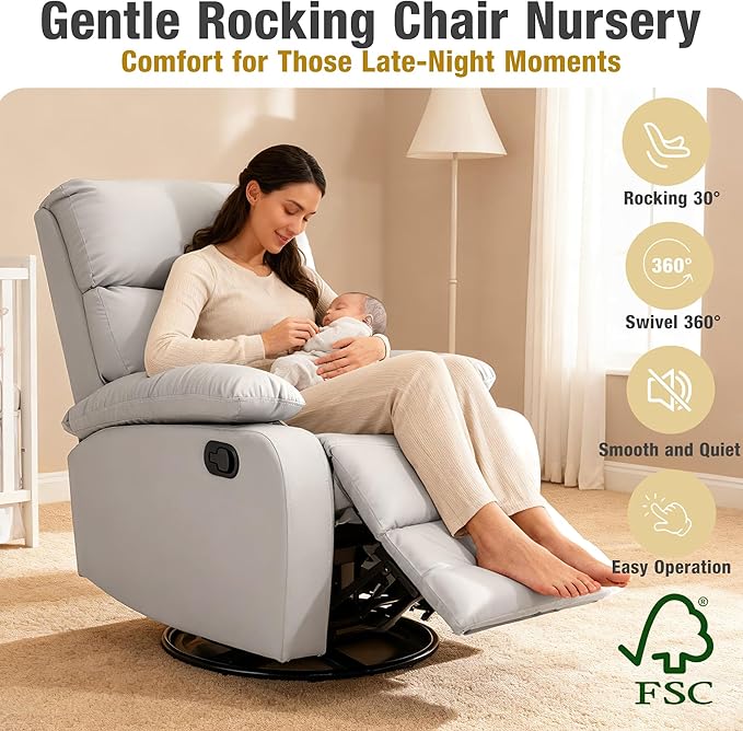 Swivel Rocker Recliner Rocking Chair Nursery Small Rocker Recliners for Small Spaces Living Room Bedroom Nursery RV Light Grey