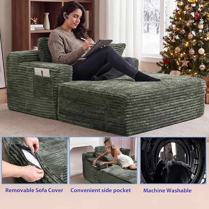 Boneless Chaise Lounge Chair Indoor with Ottoman 67 Inch Oversized Corduroy Couch Compressed Sofa Bed Couches for Living Room Bedroom Guest Room No Assembly Required Green | Breathable material