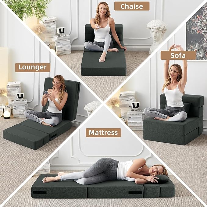 Convertible Folding Sofa Bed Sleeper Chair with Memory Foam &amp Pillow Multi-Functional Foldable Floor Mattress for Bedroom Living Room Dorm Office (Black)