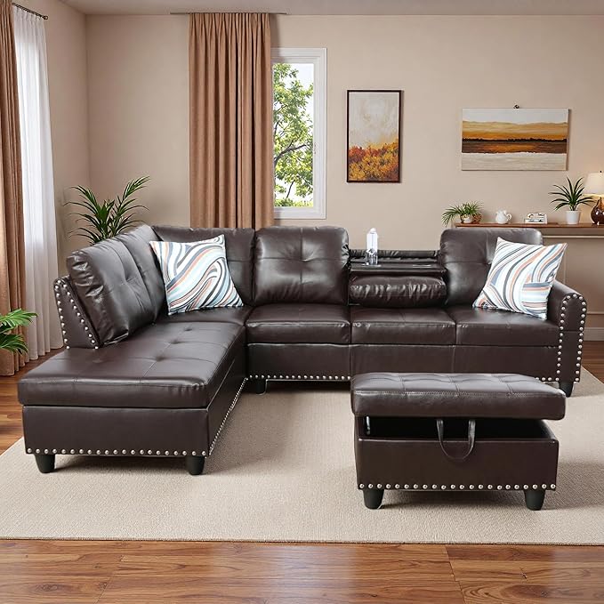 L-Shaped Sectional Sofa with Movable Chaise &amp Storage Ottoman Leather 3-Piece Modular Convertible Couches for Living Room Apartment &amp Office Brown