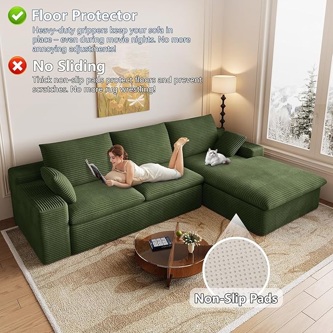 107 Cloud Couch Modular Sectional Sofa for Living Room L-Shape Boneless Couch with Deep Seat Modern Corduroy 3-Seater No Assembly Required (GreenRight-Facing Chaise)
