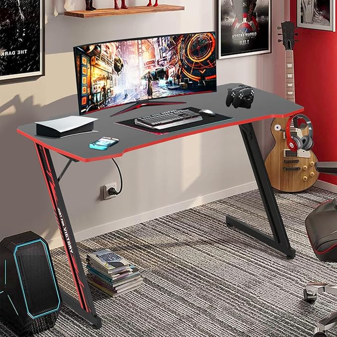 47 Inch Modern Gaming Desk for Home Office Z Shaped Computer Desk for Teen Large PC Gaming Table Adjustable Feet with Headphone Hook &amp PVC SurfaceRed