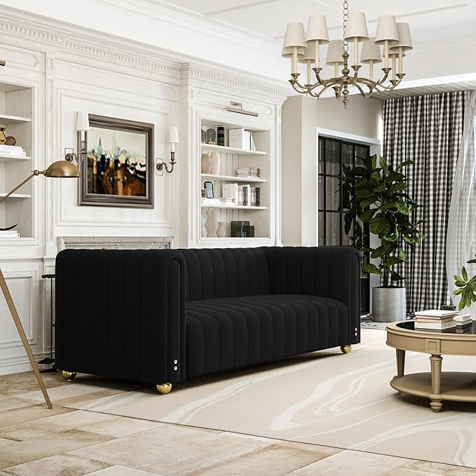 81.3 Modern Black Velvet Couch for Living Room Upholstered Comfy 3 Seater Office Sofa with High Armrest and Gold Metal Legs (Black 81)