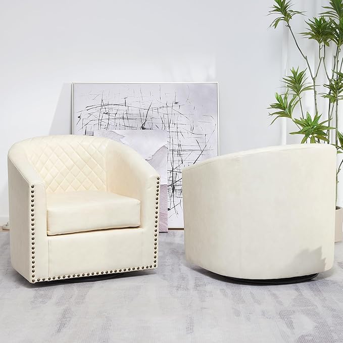 KINWELL 50 Faux Leather Upholstered Loveseat Sofa with 2 Swivel Barrel Accent Chairs Minimalist Comfy 2-Seater Couch and Armchair for Small Spaces Apartment Cream