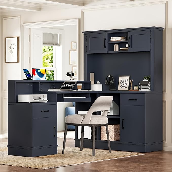 Merax Home Office Desk with Drawers and BookshelfL-Shaped Computer Desk Modern Corner Study Table Writing Desk with Storage BookcaseBlue