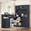 Wooden L-Shaped Computer Desk with Outlet Drawers and Bookshelf Modern Corner Desk with L-Shaped Study Table Writing Desk Gaming Computer Desk with Storage for Home Office Bedroom (Blue-06)