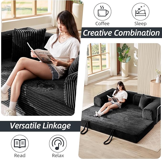 4-in-1 Convertible Folding Sleeper Sofa Bed Plush Corduroy Foldable Mattress Couch with Fixed-Shape Frame Floor Compressed Sofa for Living Room Bedroom (Black)