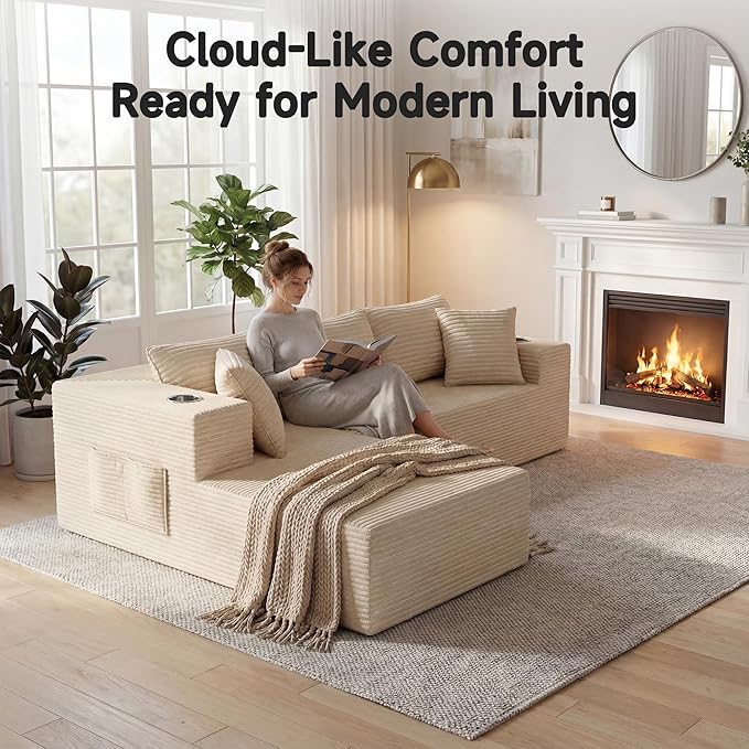Bashaw 108 Modular Sectional Sofa Couches with Chaise L-Shape Boneless Couch Deep Seat Upholstered Boneless Sectional Couch for Living Room (Beige 108 Left Facing Chaise) | Sectional Boneless L-
