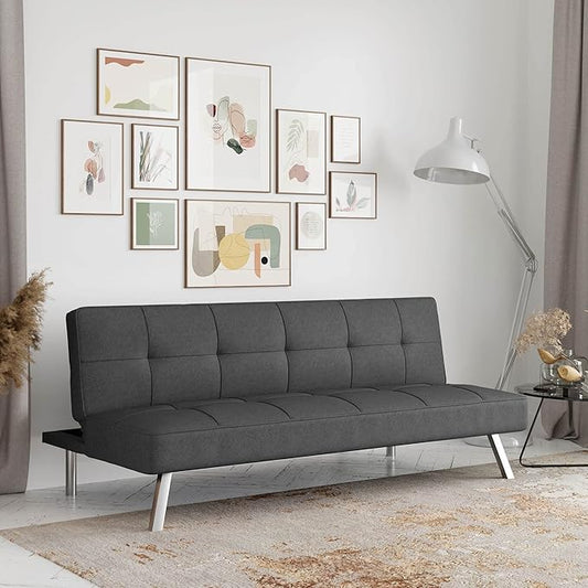 Serta® Rane 66.1 Convertible Futon Sofa Short Twin Size Modern Transitional Tufted Back and Seat Cushion Dream Coil® Comfort Fingerguard® Pinch Point Protection Woven Fabric Charcoal
