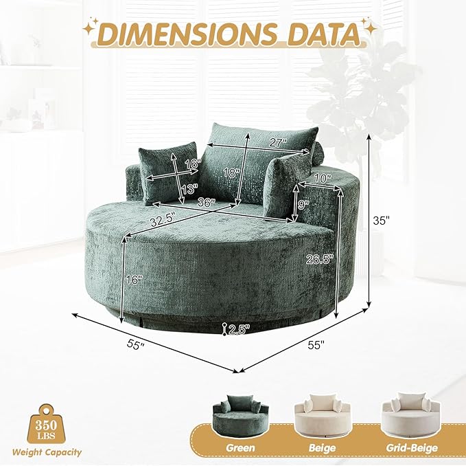 55 W Oversized Round Swivel Accent Barrel Chair360 Degree Chenille Upholstered Comfy Chaise Lounge Chair IndoorModern Deep Seat Single Sofa Armchair for Living RoomBedroomOffice(Green)