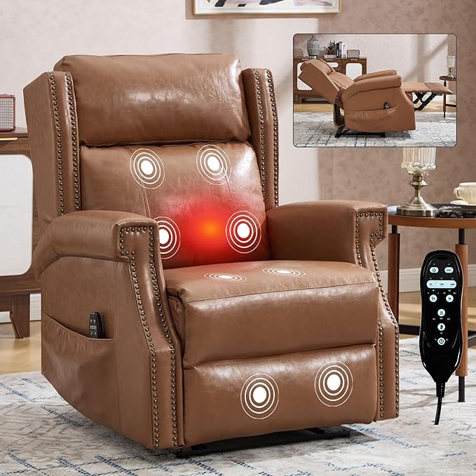KEIKI Oversized Recliner Chair Manual Leather Recliner Chair with 8 Vibration Back Massager and Heating for Living Room Fiber Foam Moderen Rocking Lounge Reading Chair Camel
