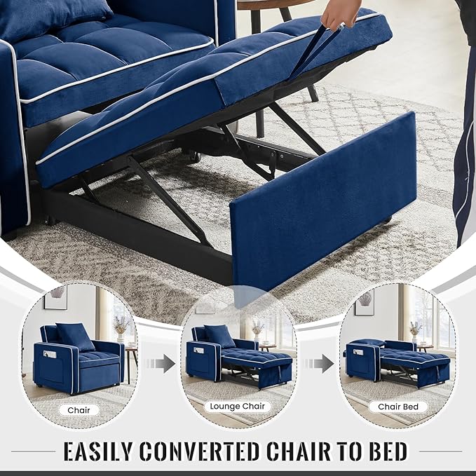 3 in 1 Velvet Sleeper Chair with Pull Out Bed Convertible Single Sofa Bed Futon Modern Tufted Chair with Adjustable Backrest Pullout Sleeper Sofa Chair for Bedroom Living Room Lounge (Blue)