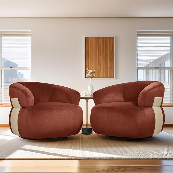 Swivel Barrel Accent Chairs-Modern Round Club Arm Chair Upholstered Living Room Armchair Single Sofa Seating Bedroom Side Reading Seat for Living Roon Office (Reddish-Velvet 2*Seats)