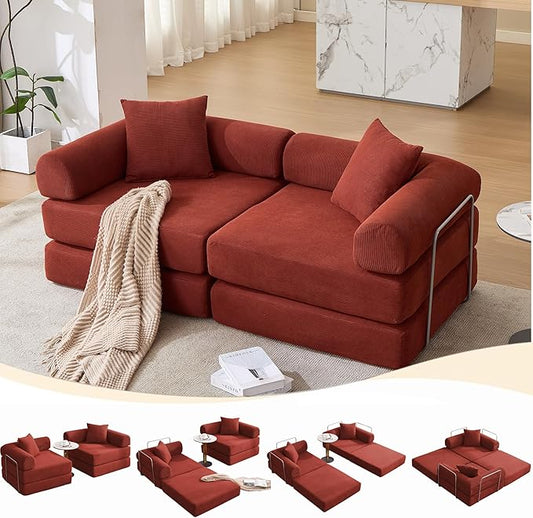 73 Convertible Sleeper Sofa Bed with Fixed-Shape Frame Corduroy Modular Folding Loveseat Couch with 2 Pillows Modern Floor Sofa Couch for Living Room No Assembly Red