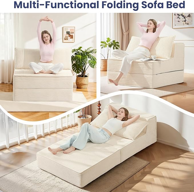 Convertible Sofa Bed Fold Out Loveseat Sleeper Sofa Chair with Pillow Folding Sofa Bed with Back Support Portable Chair Bed Comfy Floor Lounge Sofa for Living Room Bedroom Guest Room Beige