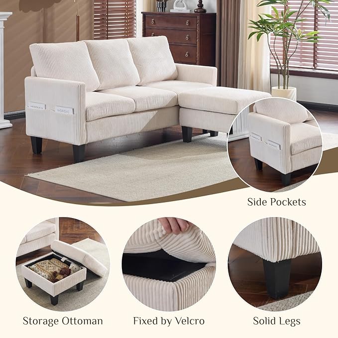 Karl home Small Sectional Couch L Shaped Sofa with Movable Storage Ottoman Corduroy Upholostered Sofa Chaise with Side Pockets for Living Room Apartment Studio Beige