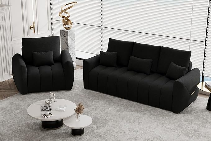 2 Piece Cloud Couch and Chair Set for Living Room Comfy Plush Teddy Sectional 3-Seater Couches with Pillows and Back Cushions Modern Deep Seat Oversized Sofa for Bedroom Apartment Black