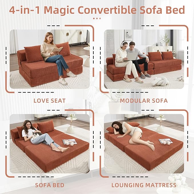 GNIXUU Fold Out Couch 3-in-1 Convertible Futon Sofa Bed with 2 Pillows Corduroy Foldable Floor Chair Boneless Loveseat Couches for Living Room Bedroom Small Spaces Orange