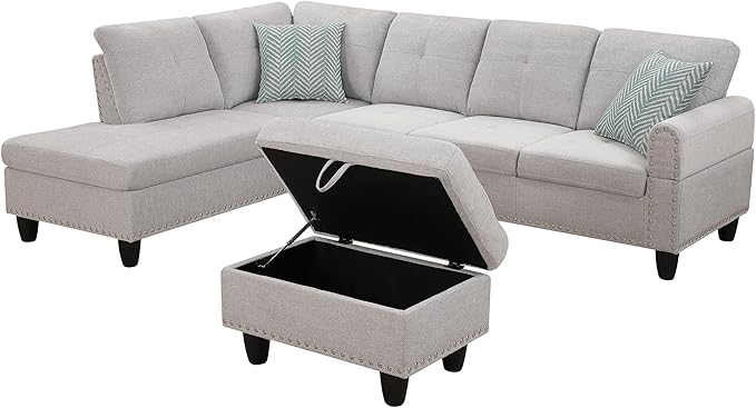 Favfurish L Shape Modular Sectional Sofa with Cup Holders and Storage Ottoman5-Seater Tufting Upholstered Corner Couch for Living RoomApartmentHome Furniture SetsLight Gray Left Chaise98 Inch