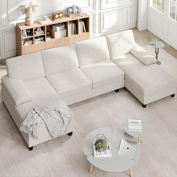 Shintenchi U-Shaped Sectional Couches for Living Room 4 Seat Sofa with Double Chaise LoungesSolid Wood Frame Sectional Sofa for ApartmentWhite