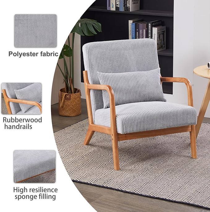 Mid Century Modern Accent Chair with Waist CushionComfy Upholstered Lounge Chair Ergonomic Reading Chair with Solid Rubberwood Frame for Living Room Bedroom (Light Grey)