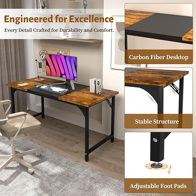AZN Office Desk Office Desk 55'' Carbon Fiber Desktop Computer Desk 24'' Wide Computer Desk w/Large Legroom Home Office Desks for Work Writing Study Gaming Waterproof &amp Scratch-Resistant