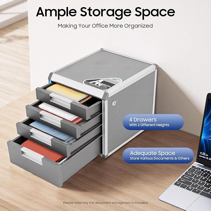 4 Drawers File CabinetAluminum Alloy File Storage Cabinet with Concave Handles Compact Desktop Drawer Organizer for Store Letters Books Documents12.4 D X 13.8 W X 11.7 H