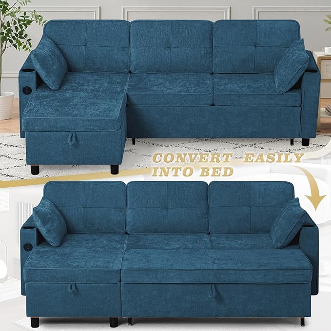 84“ Chenille Sectional Sofa w/Pull-Out Sofa Bed &amp Adjustable Backrest Tufted L-Shaped Couch w/Storage Chaise Sleeper Sofa w/USB Port &amp Cup Holders for Living Room Blue