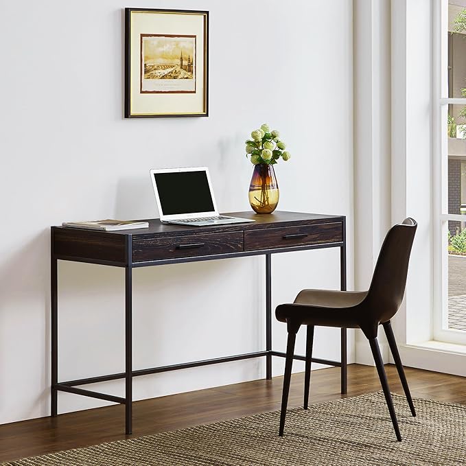 Caffoz 48 Dark Brown Writing Desk - 30KG Load Computer Desk with 2 Drawers &amp Storage Shelf 1-Person Easy Assembly Space-Saving Workstation for Home Office/Dorm/Bedroom Metal Wood Contemporary D