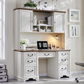 T4TREAM 59 Farmhouse Executive Desk with HutchWood Home Office Computer Desk Featuring Keyboard TrayCharging StationFile Drawer Storage Cabinetfor Work and Study (Antique White)