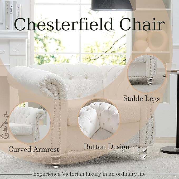 Oversized Chesterfield Chair Upholstered Accent Chair with Tufted Back Club Chair for Living Room Bedroom Gothic Victorian (White-p)