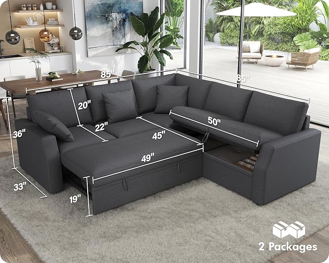 VanAcc Sofa Bed 85 Inch Sleeper Couch with Storage Seat L Shaped Sofa with Pull Out Sofa Bed Sectional Couches for Living Room Apartment Grey Linen Couch Sofa
