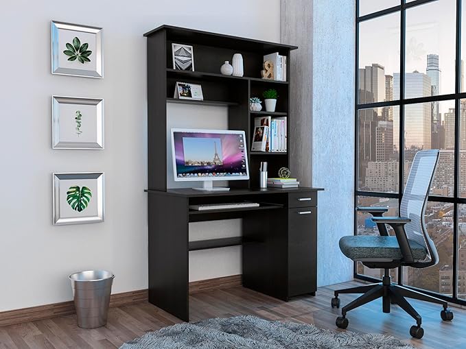 Compu 180 Hutch Desk - Black 5 Shelves Keyboard Tray CPU Panel 1 Drawer - Home Office Desk