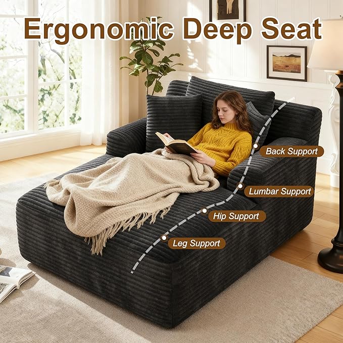 Avenix 66 Boneless Oversized Chaise Lounge Chairs Indoor Boneless Oversized Chaise Lounges Indoor Boneless Oversized Reading Chairs Cloud Sleeper Sofa Couch Bed with 3 Pillows for Living RoomBlack
