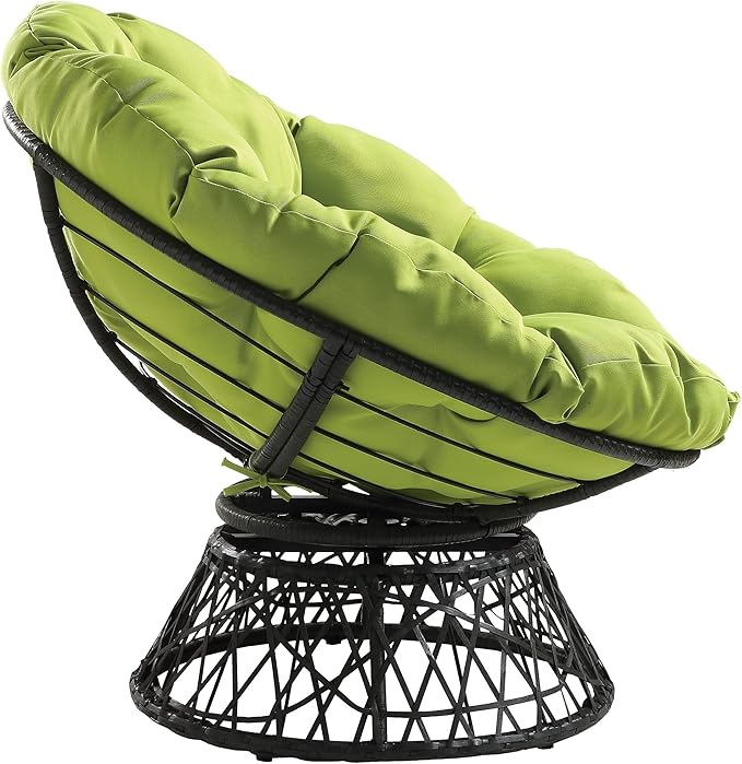 OSP Home Furnishings Wicker Papasan Chair with 360-Degree Swivel Grey Frame with Green Cushion