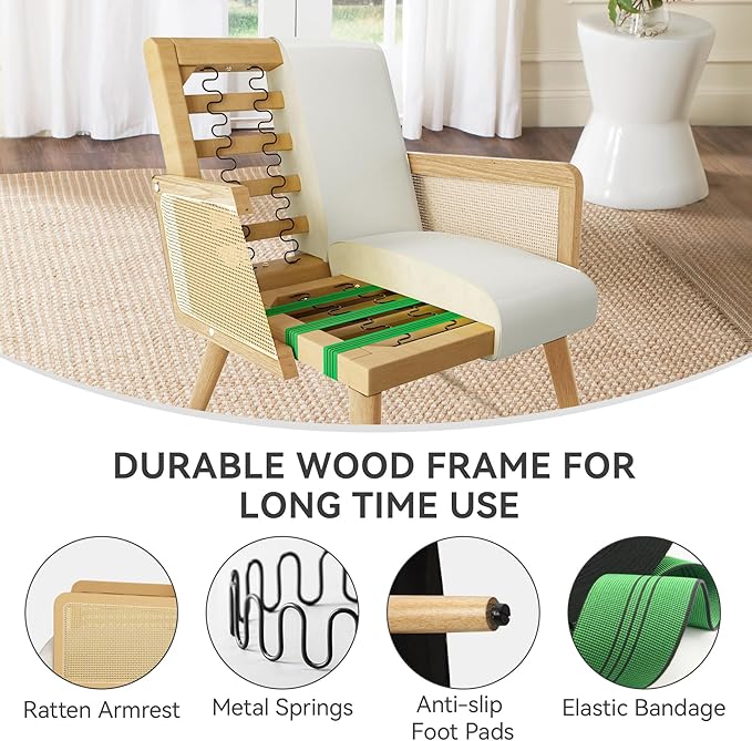 Accent Chair with Rattan Arms Set of 2 Dining Chair with Wood Legs Modern Armchair for BedroomLiving Room and Kitchen Lounge Chair Reading Chair Beige
