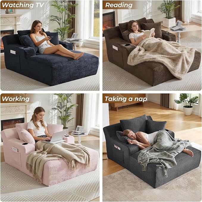 Avenix 66 Boneless Oversized Chaise Lounge Chair Indoor Boneless Chaise Lounge Chairs Cloud Sleeper Sofa Couch Bed with 3 Pillows for Living Room Fluffy Boneless Oversized Reading Chairs Dark Blue