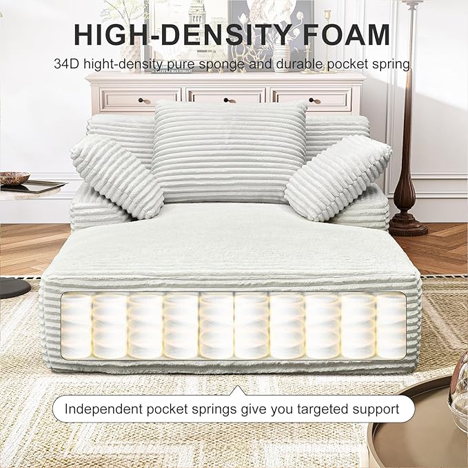 Oversized Chaise Lounge Chair Indoor Corduroy Upholstered Boneless Sofa Bed Deep Seat Sleeper Couch Reading Chairs Cloud Sofas for Living Room No Assembly Required (Beige Single Size)
