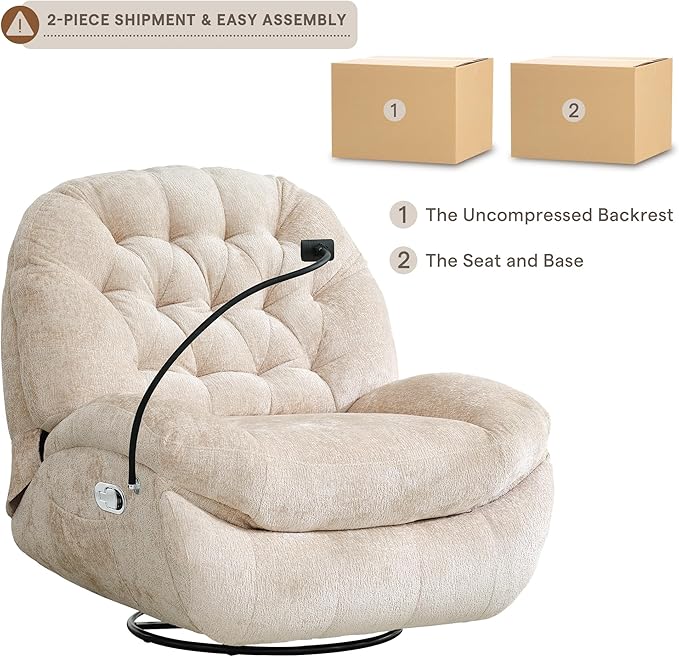Oversized Swivel Rocker Recliner ChairSwivel Rocking Sofa Large Recliner Glider Chair with Phone Holder Chenille Fabric (Beige)