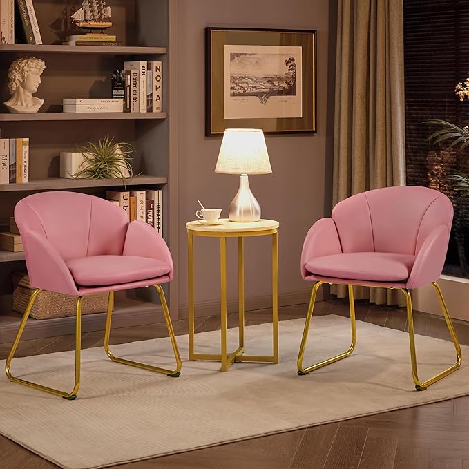Yaheetech PU Leather Dining Chair Flower Shaped Armchair with Golden Legs Upholstered Side Chair for Kitchen Dining Room Living Room Set of 2 Simple Pink