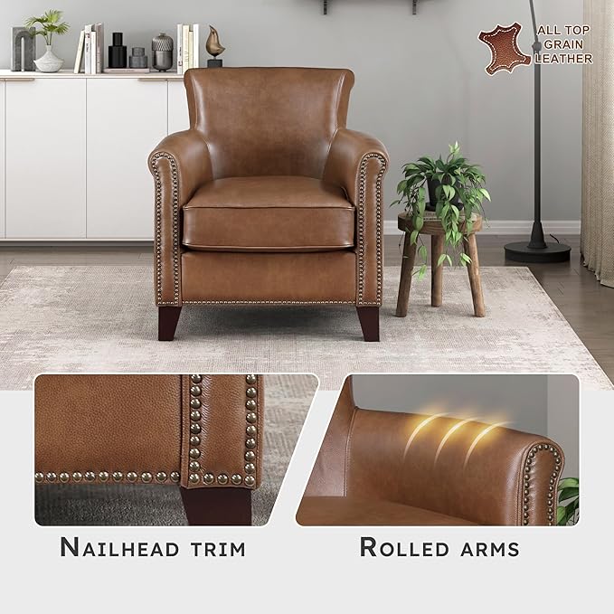 Lexicon 100% Top Grain Genuine Leather Chair Leather Accent Chairs for Living Room Solid Wood Frame Rolled Armrest &amp Nailhead Trim Comfy Reading for Bedroom Office Waiting Room Brown