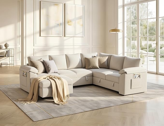 108 Inch Sectional Sleeper Sofa Bed with Pull Out Couch U Shaped 7 Seat Cloud Modular Sectional Sofa with Storage Corduroy Sectional Couches for Living Room Removable Sofa Cover Beige