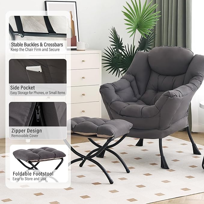 Lazy Chair with Ottoman Modern Chair with Folding Footrest Dark Grey Accent Chair Comfortable Reading Chair Oversized Armchairs for Bedroom Study Living Room Courtyard