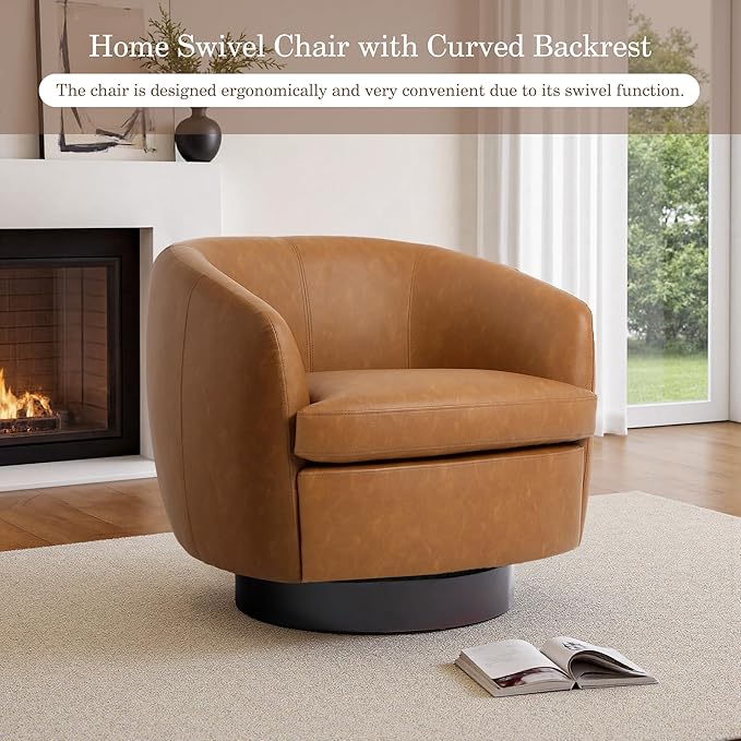Faux Leather Swivel Barrel Chair Modern Round Swivel Accent Chair with 360° Rotation Upholstered Armchair Club Chair for Living Room Bedroom Office (Light Brown)